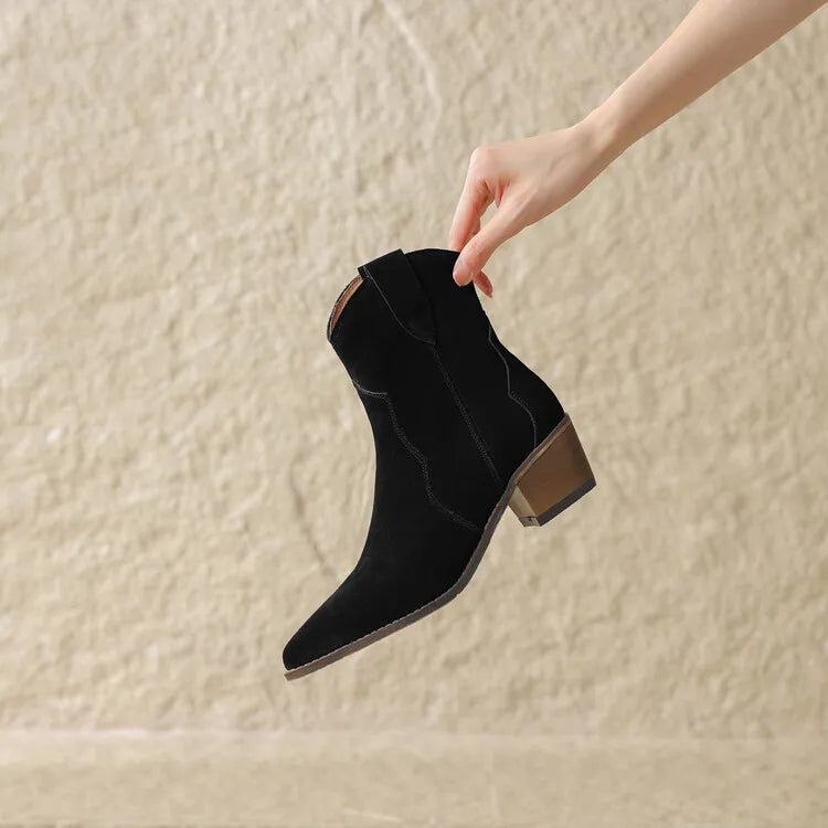 2026 Autumn Cow Suede Women Boots Pointed Toe Chunky Heel Boots for Women Fashion Short Boots Winter Boots Women Western Boots