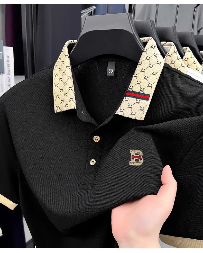 B Letter Embossed Short Sleeve Polo Shirt for Men