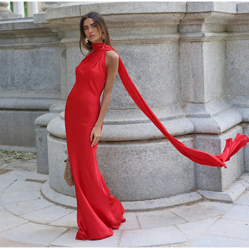 Elegant Ribbon Halter Maxi Dress