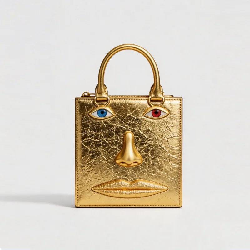 Face Bag Women High Quality Black Leather Luxury Brands Handbag Jewelry Eyes Gold-tone Metal Shoulder Strap Crossbody Bags