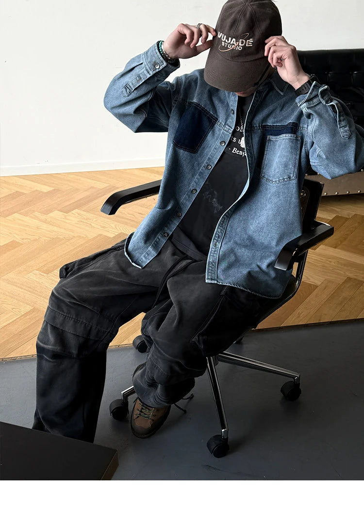 Mens High Quality Custom Weave Slub Deconstructed Patchwork Denim Shirt Trendy Distressed Wash Streetwear Casual Long Sleeve