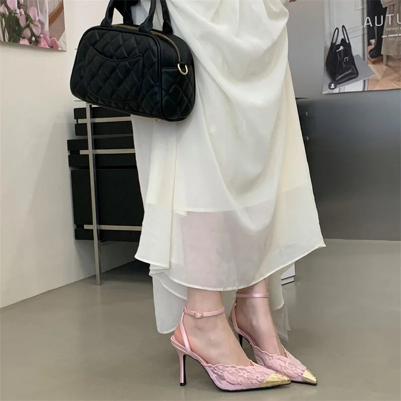 Aneikeh Pointed Toe Slingback Pumps – Floral Lace Heels