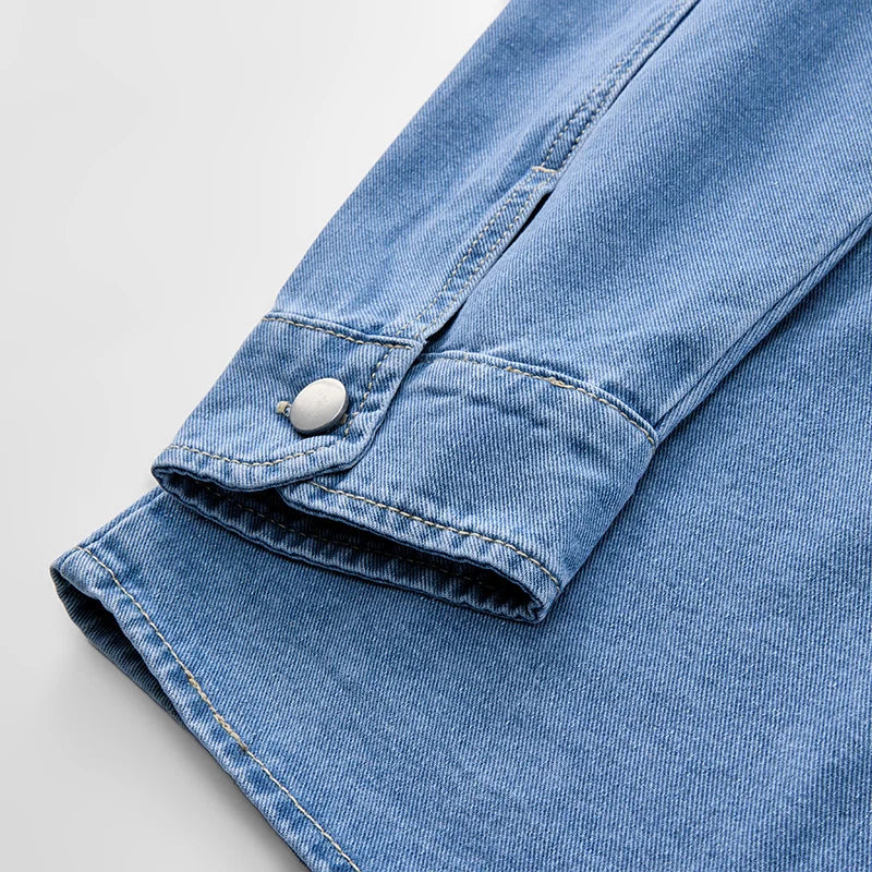 Heavy duty washed denim jacket for men vintage blue lapel long sleeved shirt style jacket casual and loose outer wear