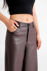 Women's High Waist Faux Leather Wide Leg Fleece Pants