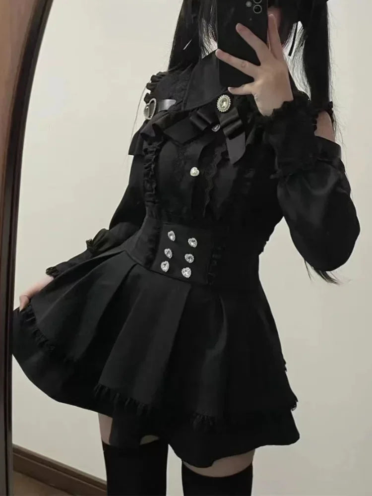 Japanese Y2K Aesthetics Vintage Bow Dress Shorts Set Women Gothic Lolita Style Long Sleeve Shirt Dress Elegant Party Dress Suits