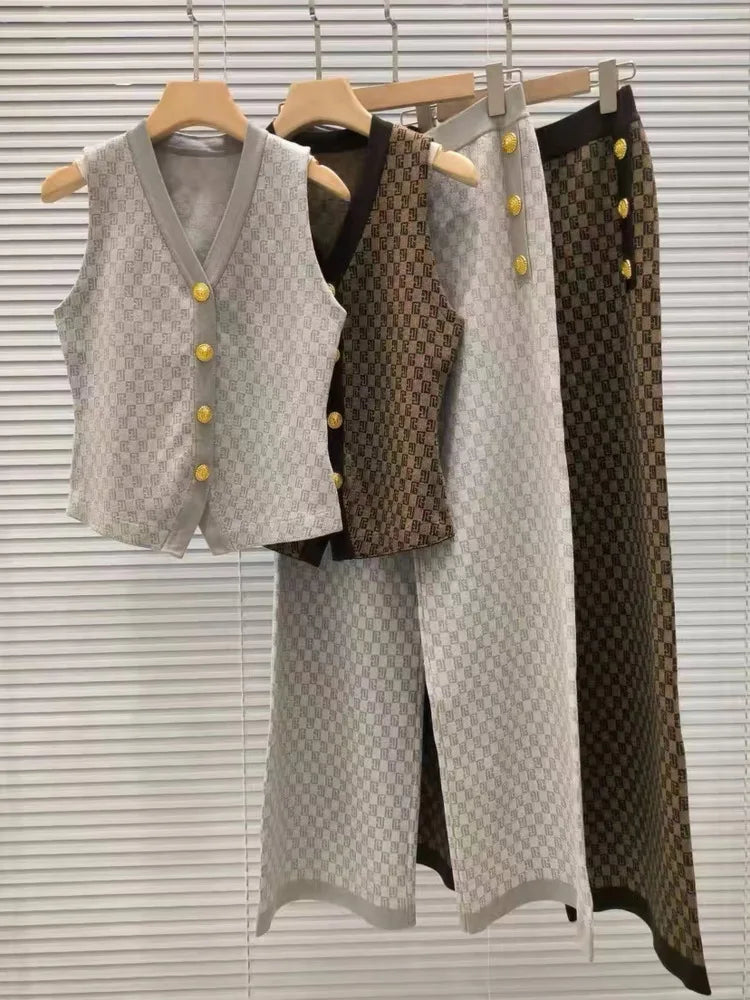 French Style 3-Piece Jacquard Knit Pant Suit – Elegant Vest, Cardigan & Wide-Leg Trousers