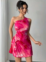 Women's Ink Print One-Shoulder Cut-Out Waist Mini Dress