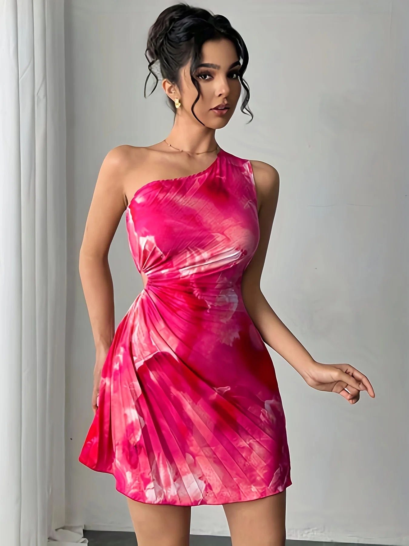 Women's Ink Print One-Shoulder Cut-Out Waist Mini Dress
