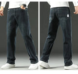 Autumn Winter  Brand New High Waist Jeans Classic Business Casual Office Men's Fashion Stretch Slim Denim Jeans Navy Blue