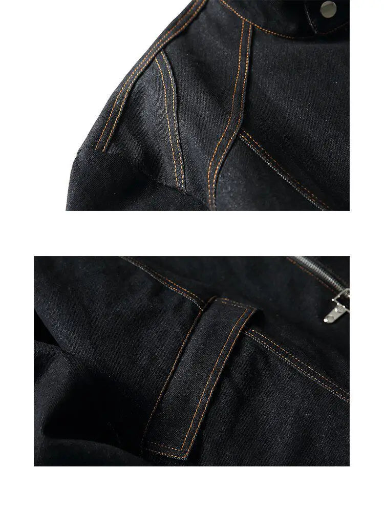 American Vintage Denim Jacket Men Stand Collar Cotton Spring Metal Button Splicing Regular Fit Streetwear Trendy Casual Outwear