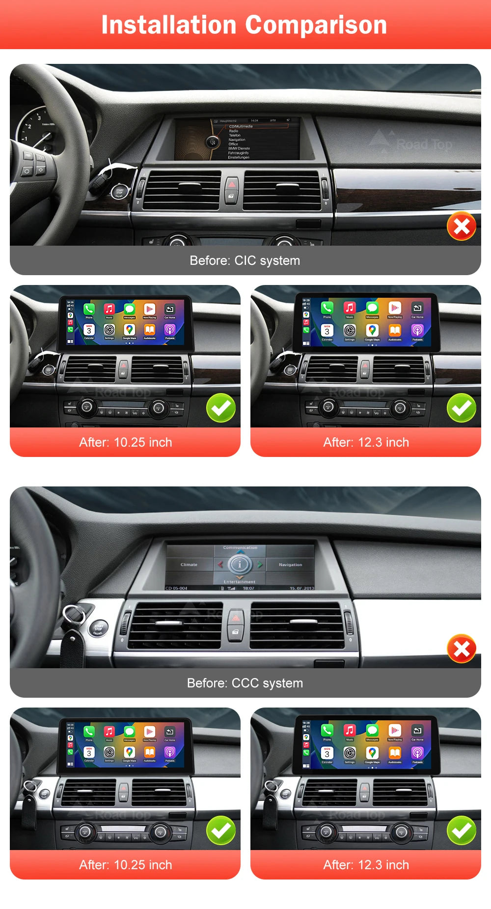 RoadTop 10.25"/12.3" Wireless CarPlay & Android Auto Screen for BMW X5 X6
