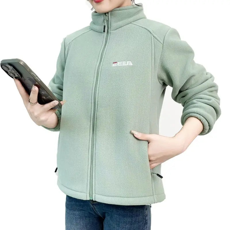 Women's Fleece Zip-Up Jacket with Embroidered Stand Collar