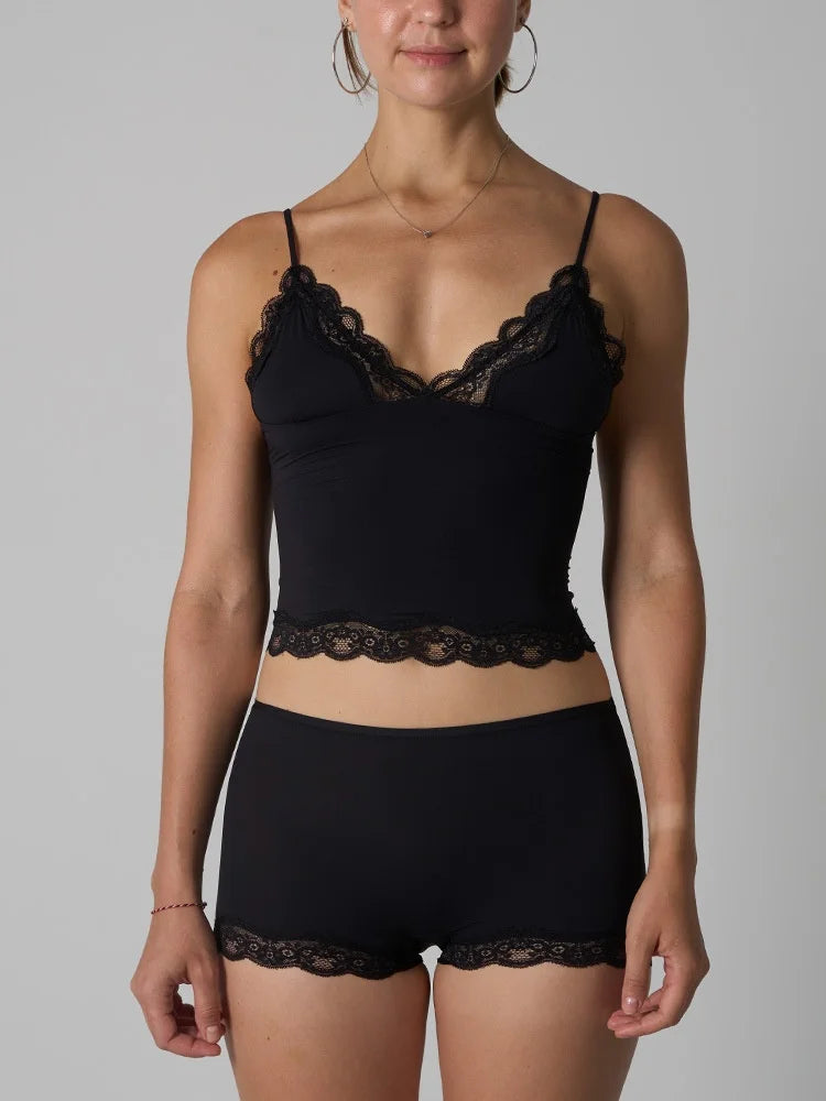 Europe American Simple Pink Light Thin Lace Strap Tank Top Flat Corner Lace Underwear for Women Comfortable Stretchy Short Sets