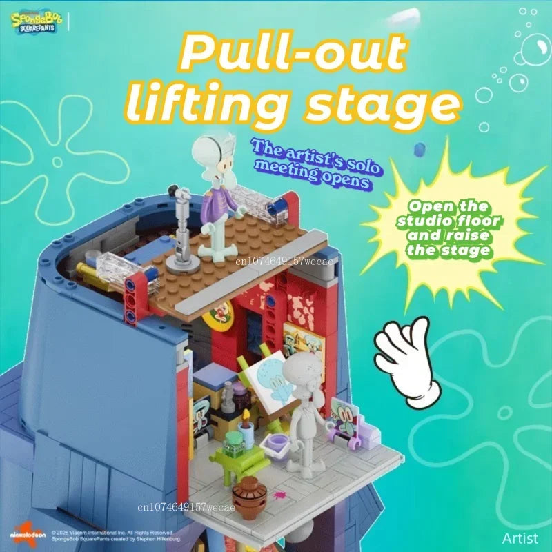 1655PCS SpongeBob SquarePants Squidward Stone Statue House Building Blocks Cartoon Model Bricks Set With Light DIY Toy Fans Gift