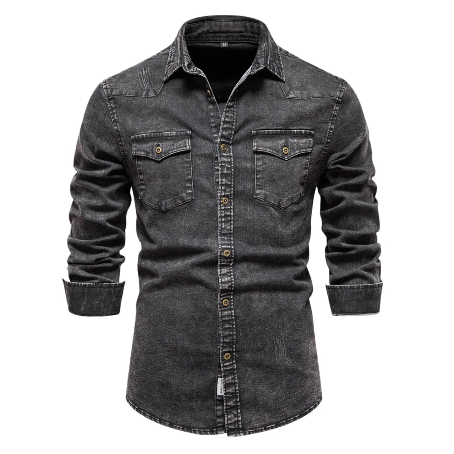 Curled Edge Sleeves Denim Shirts Men'S Slim Fitted Washed Classic Slim With Pocket Jeans Long Sleeve Shirt Camisa De Hombre