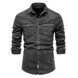 Curled Edge Sleeves Denim Shirts Men'S Slim Fitted Washed Classic Slim With Pocket Jeans Long Sleeve Shirt Camisa De Hombre