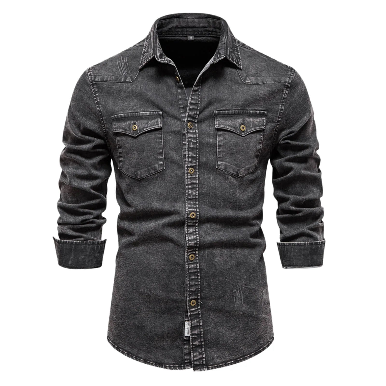 Curled Edge Sleeves Denim Shirts Men'S Slim Fitted Washed Classic Slim With Pocket Jeans Long Sleeve Shirt Camisa De Hombre