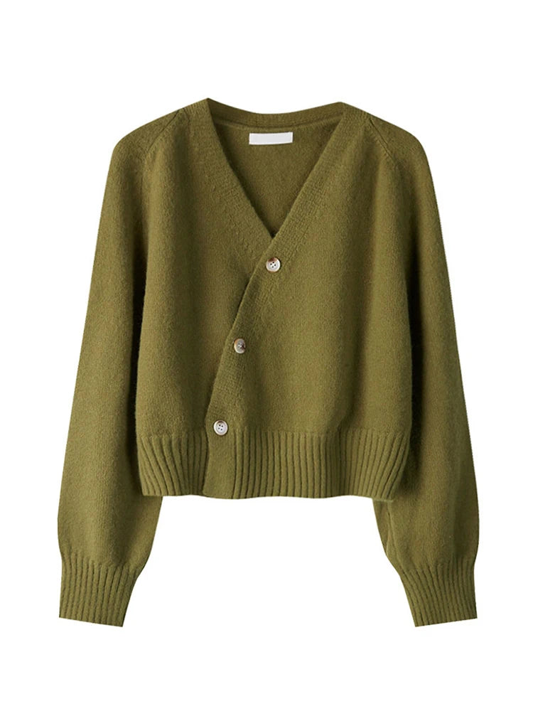 Women's Autumn V-Neck Cashmere Blend Cardigan – USA-Made Loose Knit Sweater