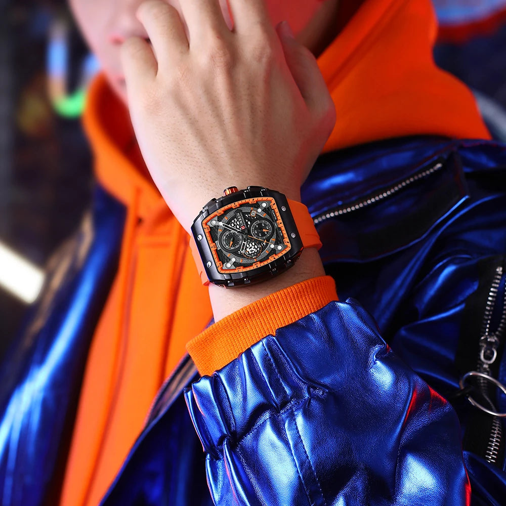 Men’s Sport Quartz Watch – Yellow Silicone Strap, Luminous Auto Date Square Dial