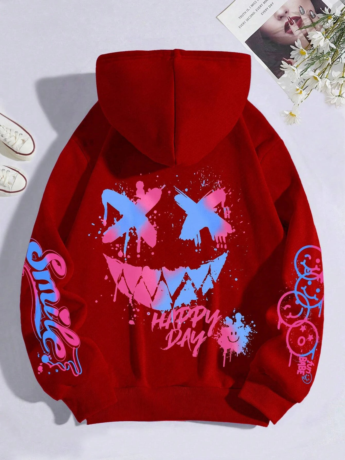 Happy Day Women's Oversized Graffiti Hoodie