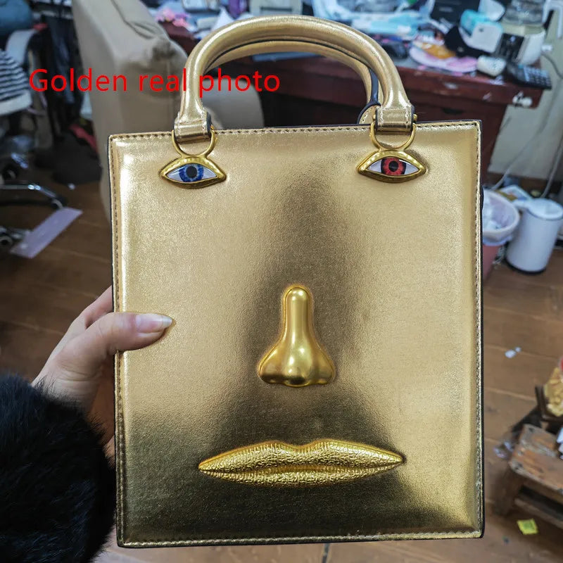 Face Bag Women High Quality Black Leather Luxury Brands Handbag Jewelry Eyes Gold-tone Metal Shoulder Strap Crossbody Bags