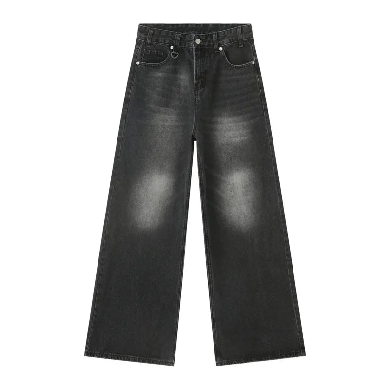 Men's Washed Blue Loose Straight-Leg Jeans