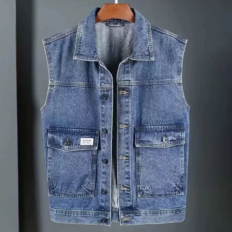 Vintage Denim Vest – Men's Relaxed Fit Sleeveless Jacket