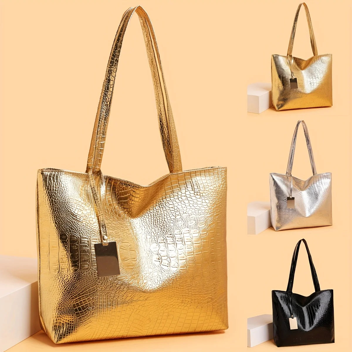 Women's Metallic PU Leather Tote Bag with Zipper