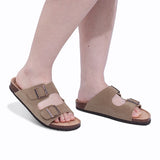Comwarm Men's Cork Footbed Slides Sandals Arch Support Summer Outdoor Sandals with Adjustable Buckle Leisure Men Leather Slides