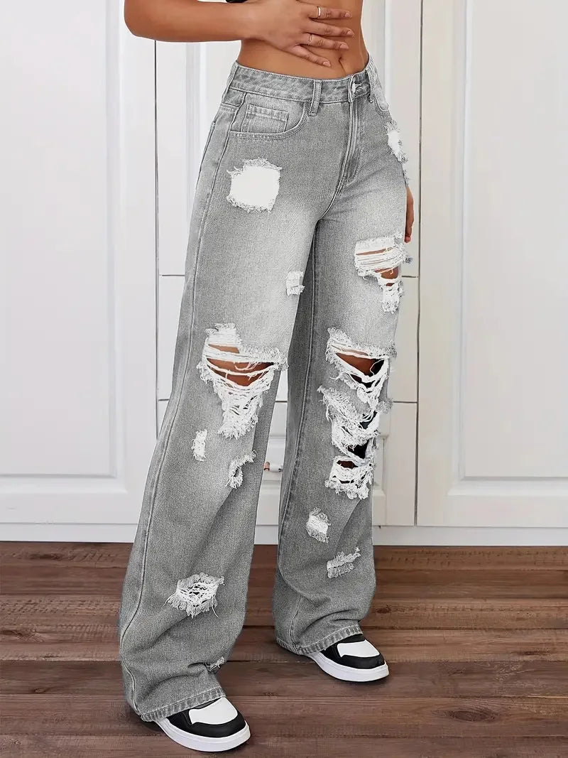 Women's Distressed Wide Leg Jeans | High Waist Denim
