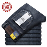 OUSSYU Brand Classic Retro Blue Men's Jeans Denim Pants Work Streetwear Straight Stretch Business Autumn Winter Cotton Trousers