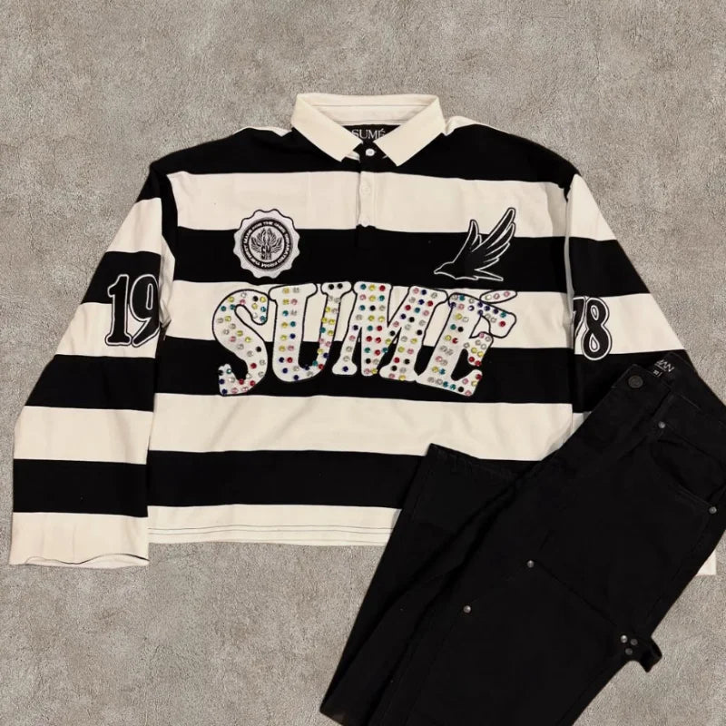 Y2K Retro Stripe Polo Shirt – Embroidered Hip Hop Streetwear
