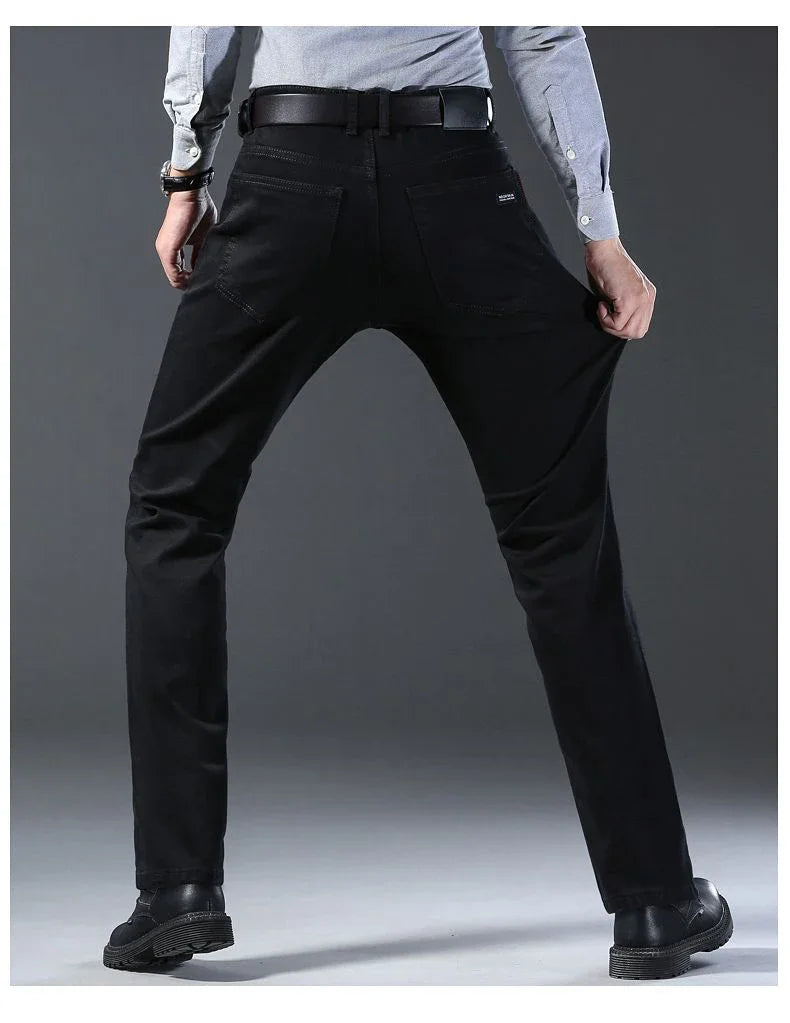 High Quality Autumn Winter Solid Color Black Men's Jeans Classic Stretch Denim Pants Work Business Cotton Trousers Plus Size 40
