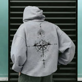 Vintage Compass Print Hoodies for Men High Quality Hooded Long Sleeve Pullover All Season Daily Casual Sports Tops Men's Clothes