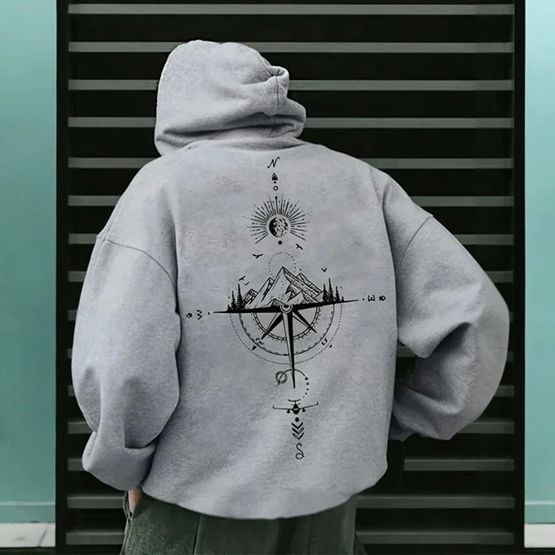 Vintage Compass Print Hoodies for Men High Quality Hooded Long Sleeve Pullover All Season Daily Casual Sports Tops Men's Clothes