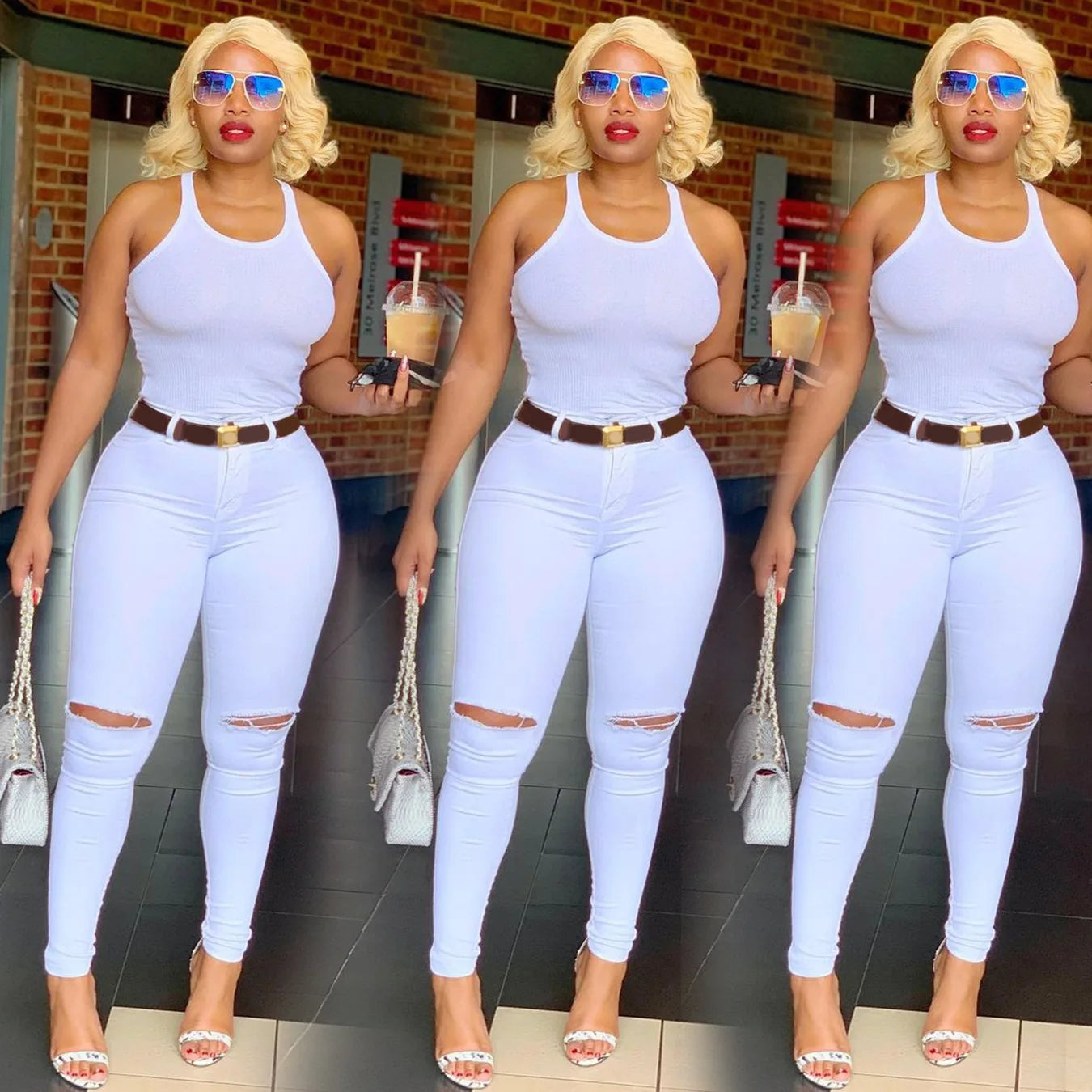 Women's High Waist Ripped Stretch Denim Pencil Jeans