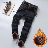Men Winter Snow Warm Plush  Loose Minimalist Jeans Male Fleece Lined ThickenedStraight Denim Pants Slim Fit Elasticity Trousers