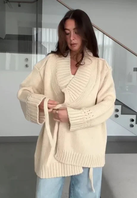 Chic V-neck Knitted Lace-up Women Cardigan Elegant Solid Full Sleeve Loose Cropped Sweater 2026 Lady Commute Office Cardigans