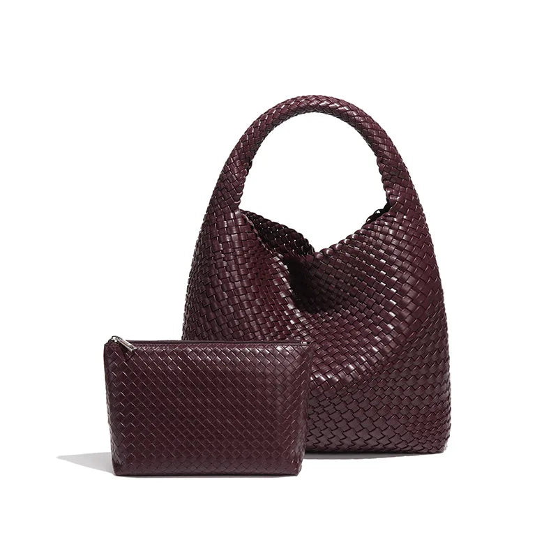 2025 Women Bag Luxury PU Leather Handbag Lady Fashion Handmade Knitting Tote Female Hand-woven Basket Shoulder Bag with Purse