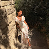 Flutter Sleeves Slim Long Dress Women Casual Pleated Deep V-neck Floral Print High Waist Dresses 2026 Lady Summer Holiday Wear