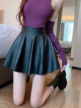 High-Waist Pleated Faux Leather Mini Skirt