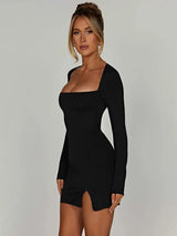 Autumn Black Square-Neck Backless Mini Dress - Long Sleeve Slim Fit Streetwear