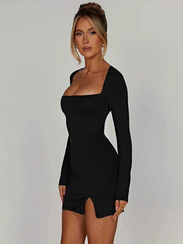Autumn Black Square-Neck Backless Mini Dress - Long Sleeve Slim Fit Streetwear