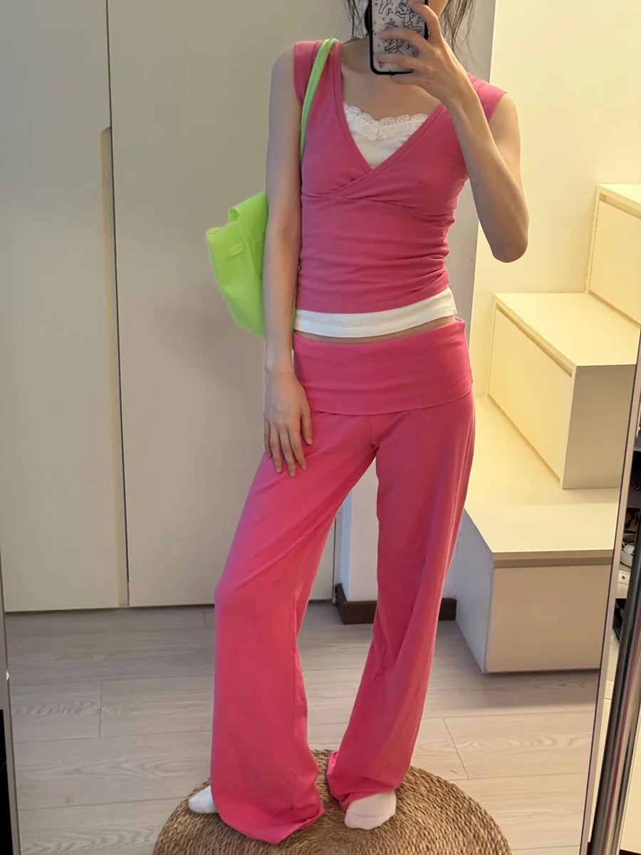 Women's Foldover Low-Rise Straight-Leg Pants