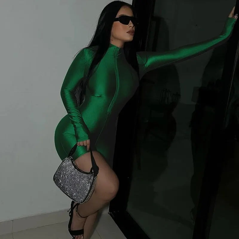 Long Sleeve Zip-Up Bodycon Romper