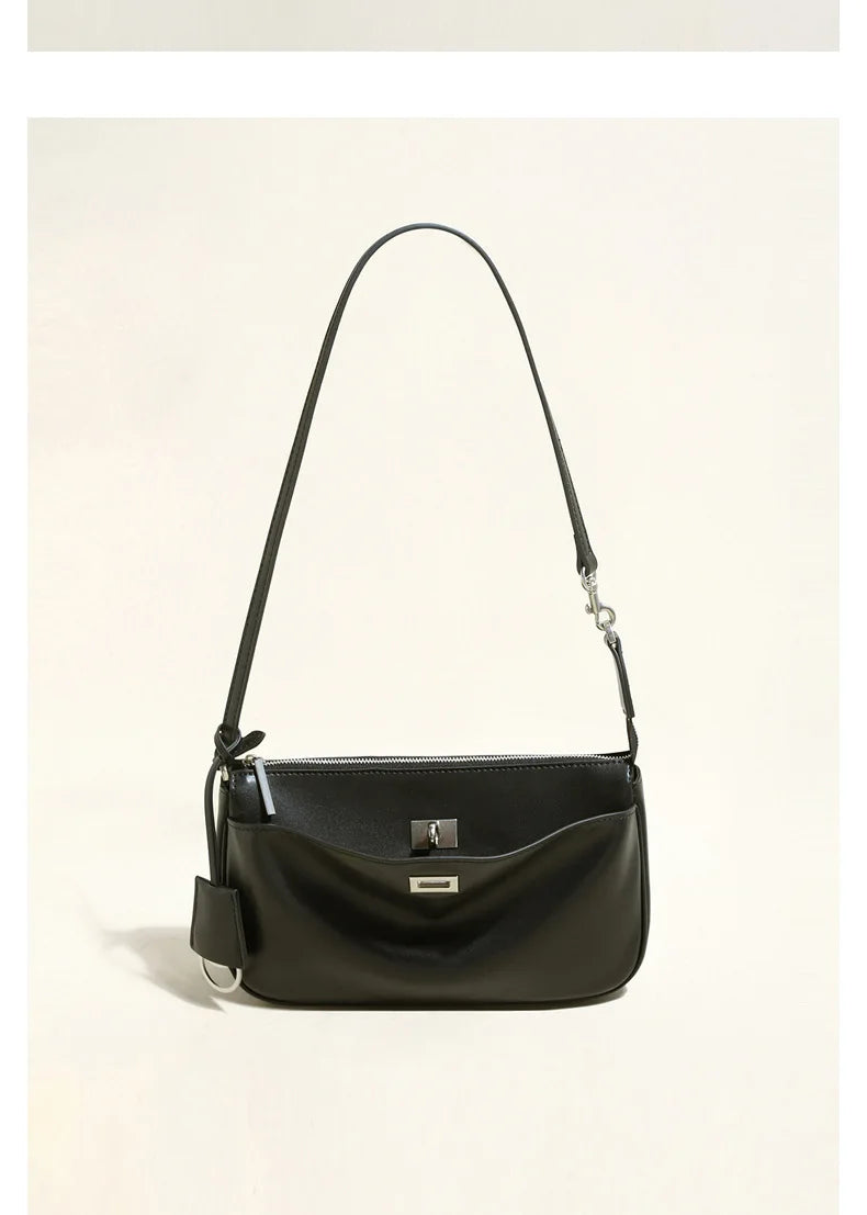 2026 Spring New Luxury Brand Women Shoulder Bags Split Leather Black Handbags Women Fashion Gold Buckle Underarm Bags