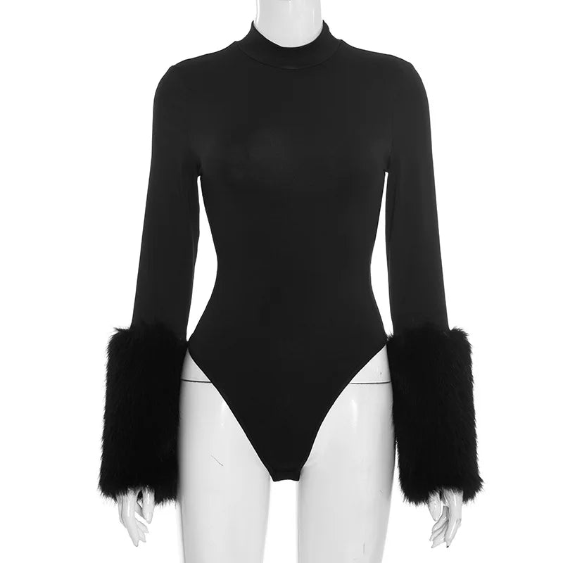 FAGADOER Winter New Sexy Fur Patchwork 2 Pieces Set for Woman Outfits Long Sleeves Bodycon Playsuits + Shorts Female Streetwear