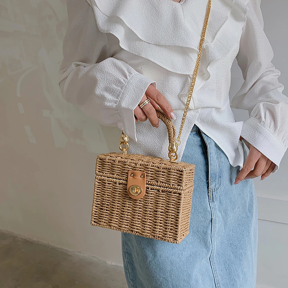 Rattan Straw Shoulder Bag Women Boho Hand-Woven Basket Messenger Pouch Summer Beach Square Box Top-handle Handbag