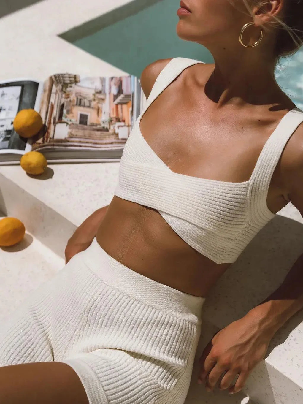 Tossy Fashion Knit 2 Piece-Set Shorts Women Clothes Patchwork Ribbed Backless Cropped Top And High Waist Knitwear Shorts Outfits