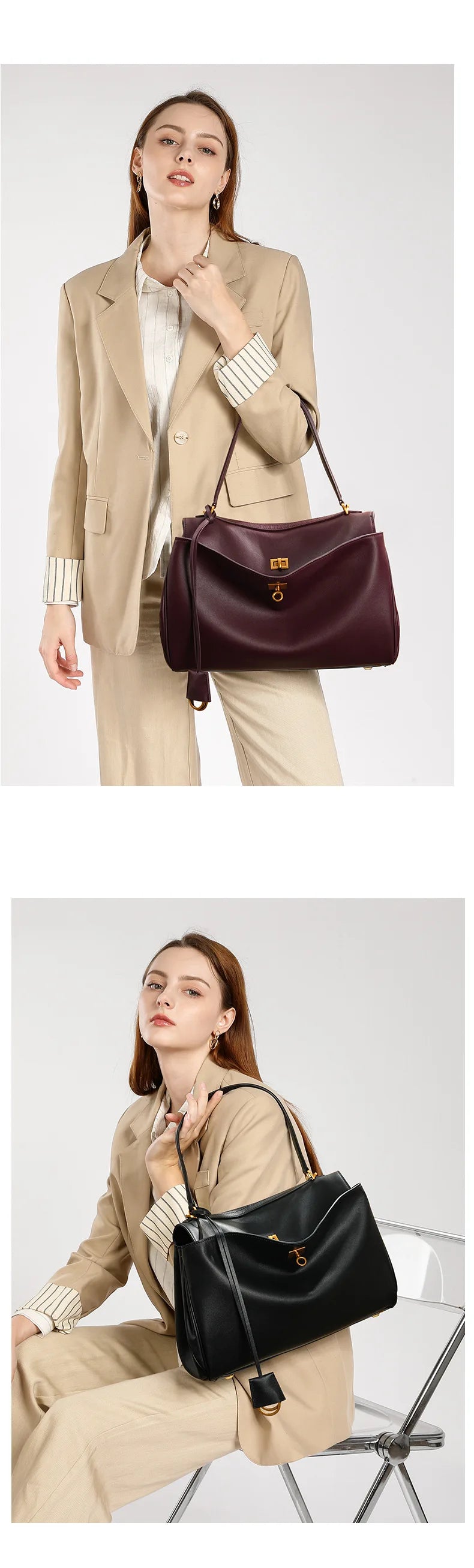 Large Capacity Women's Leather Handbag High-End Single Shoulder Crossbody Tote for Commuting